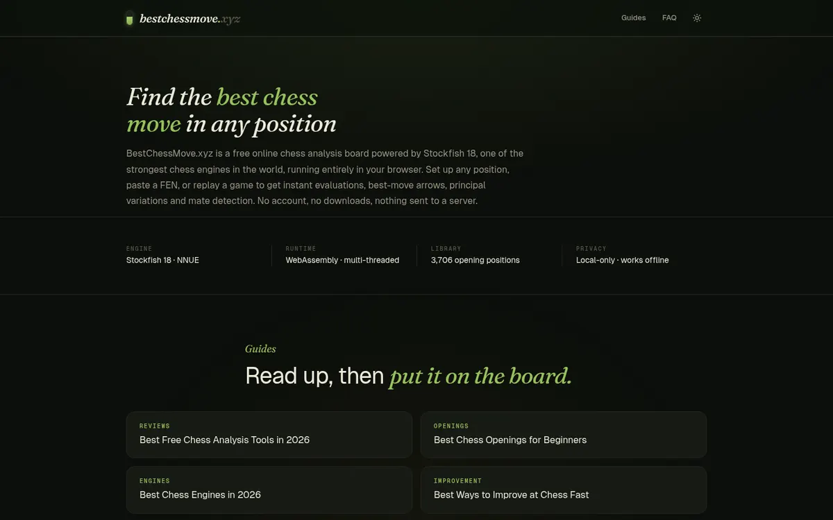 BestChessMove homepage describing browser-based Stockfish analysis