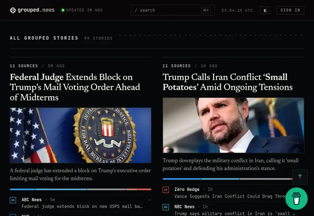grouped.news homepage with related reporting grouped into stories