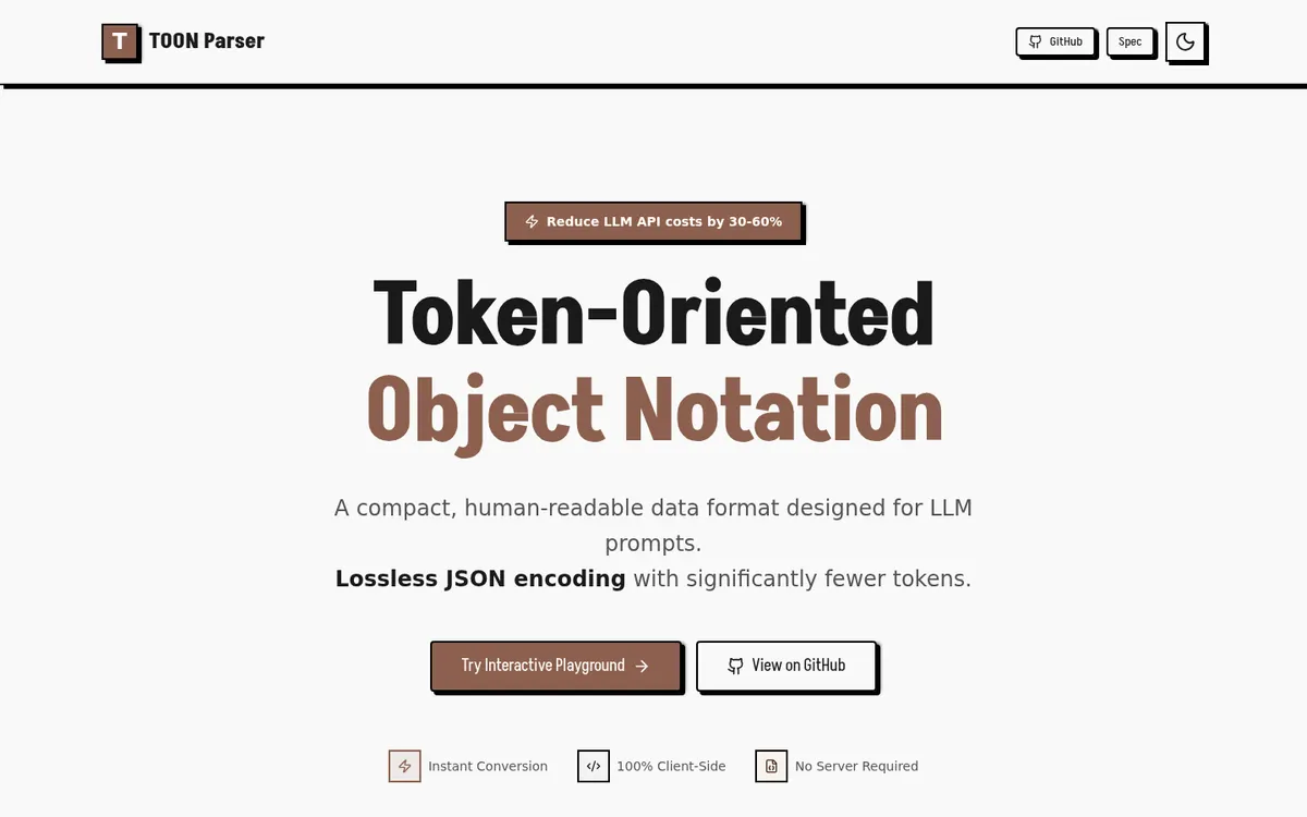 TOON Parser homepage for the TOON and JSON conversion playground